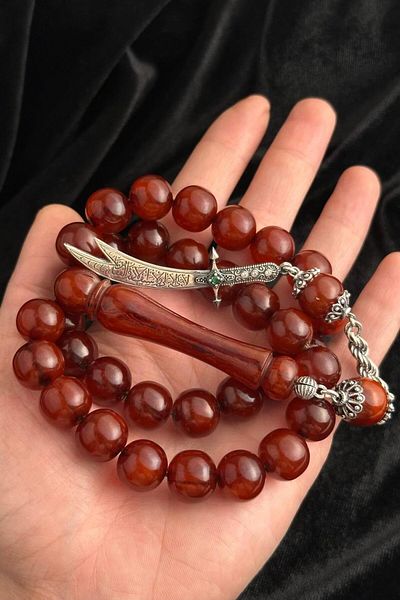 dergah tesbih Şahin Ağa Series Silver Gulfikar Design Clamping Amber Rosary