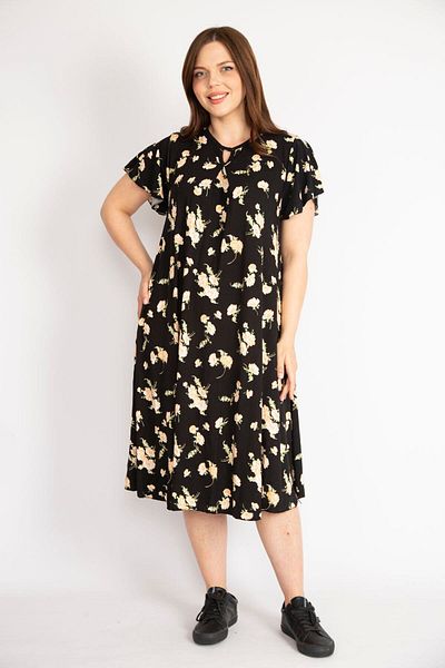 Şans Γυναικείο Μαύρο Plus Size Kiss γιακάς Φόρεμα με floral σχέδιο 65n36361