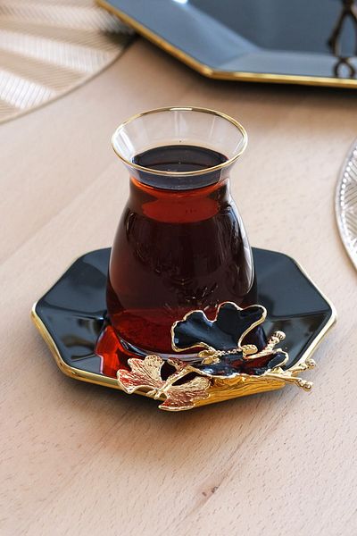 Glore Dolmabahçe Octagonal Black Gold Gilt 12-Piece 6-Person Glass Tea Set