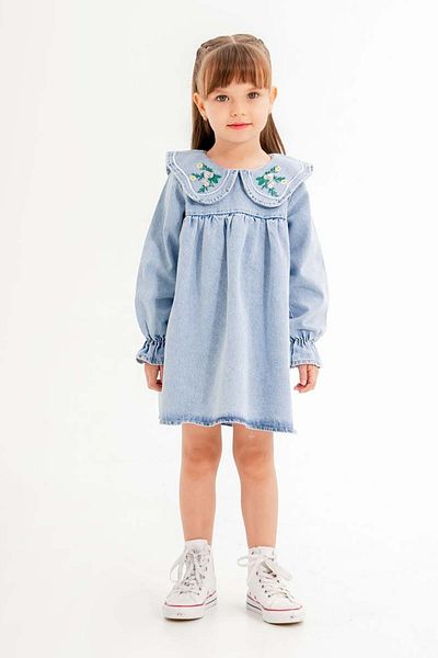 Cansın Mini Rochie albastră de jeans pentru fete cu mâneci lungi cu broderie florală - 20115