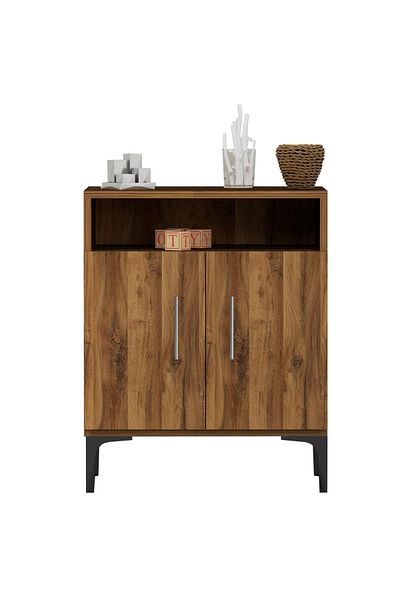 Mahmayi Medium Height Cabinet with 2 Door Storage and Single Open Shelf-Dark Hunton Oak