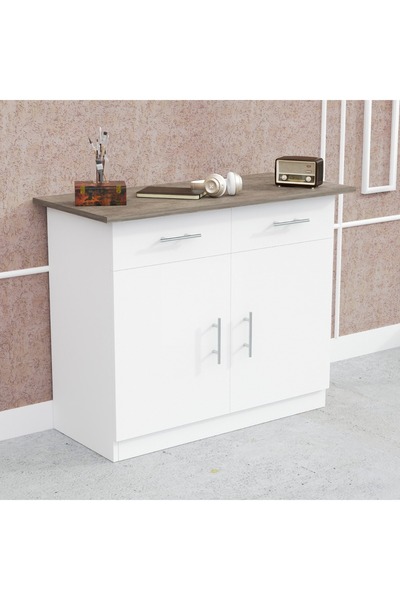 Mahmayi Medium Height Cabinet with 2 Drawers and 2 Door Storage-Dark Grey Chicago Concrete and White