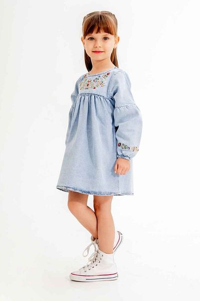 Cansın Mini Rochie de jeans pentru fete cu mâneci brodate cu flori albastre 20117