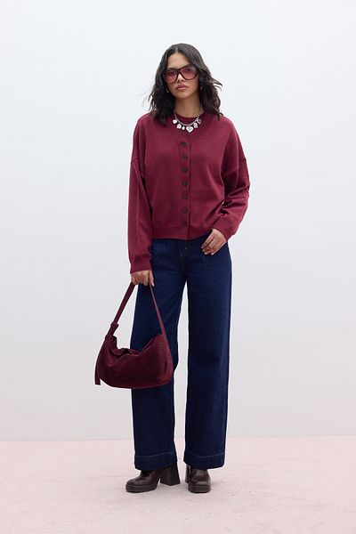 Manuka Cardigan cu tricotaje supradimensionate roșu Claret - Textura moale