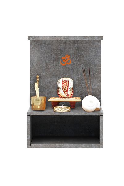 Mahmayi Wooden Small Mandir, Temple with Single Open Shelf-Metal Fabric Anthracite