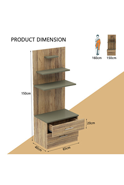 Mahmayi Wooden Mandir, Temple with 2 Drawers and 3 Shelves-Vintage Santa Fe Oak and Lava Grey