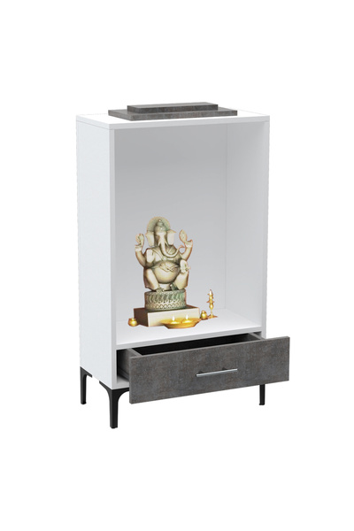 Mahmayi Wooden Mandir, Temple with Single Drawer, Steel Legs-Metal Fabric Anthracite