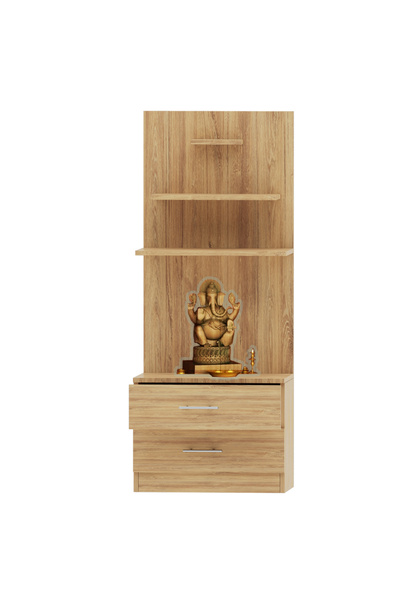 Mahmayi Wooden Mandir, Temple with 2 Drawers and 3 Shelves-Brown Kansas Oak