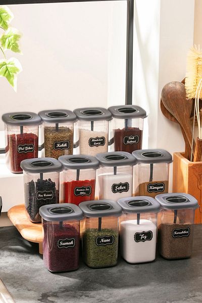 12-Piece 450ml Labeled and Lockable Lid Self-Spoon Spice Jar Set - Label Gift