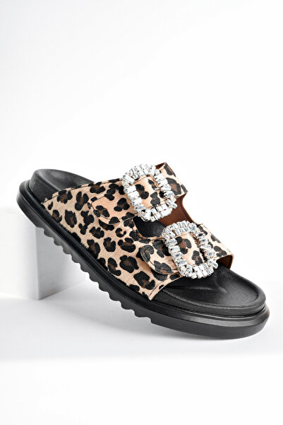 meyra'nın ayakkabıları Γυναικείες παντόφλες με διπλή πόρπη από πέτρα λεοπάρ με άνετη σόλα