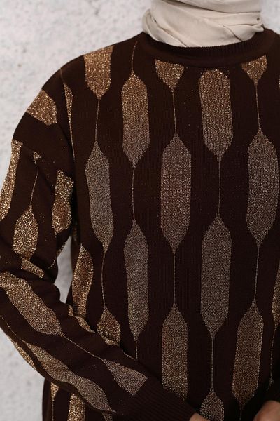 Bold Grup Women's Brown Standard Size Silvery Patterned Hijab Knitwear Tunic Pants Set