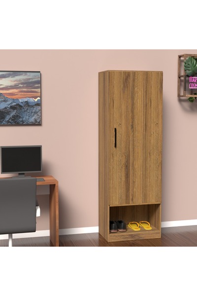 Mahmayi Modern Wardrobe With Floor Storage Cabinet With Hangers-Cognac Brown Sherman Oak