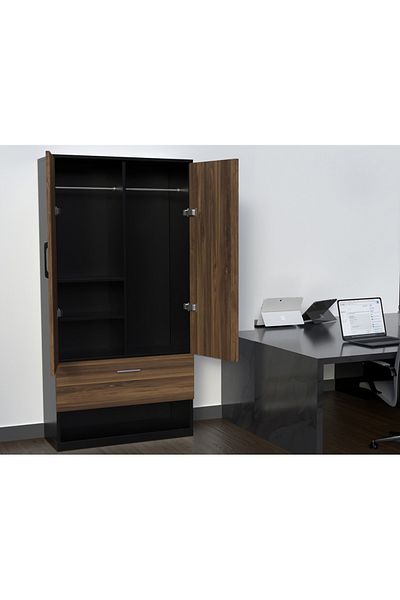 Mahmayi Wooden Wardrobe With 2 Door, And Open Shoe Rack, Rod And 2 Compartments-Dark Hunton Oak/Lava Grey