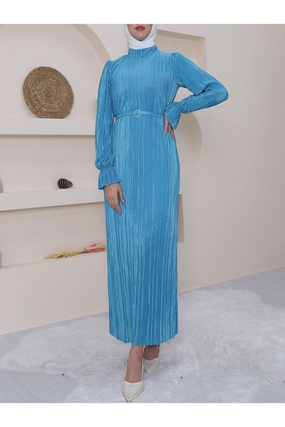 Modamorfo Pleated Satin Dress with Elastic Sleeves, Ruffles, Stones and Belts