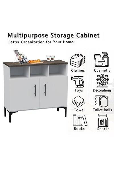Mahmayi Cabinet with 2 Door Storage and 3 Open Shelf-Dark Grey Chicago Concrete and Premium White