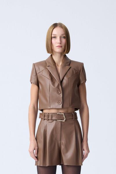 rue Vatkalı Kısa Kollu Kahverengi Suni Deri Ceket