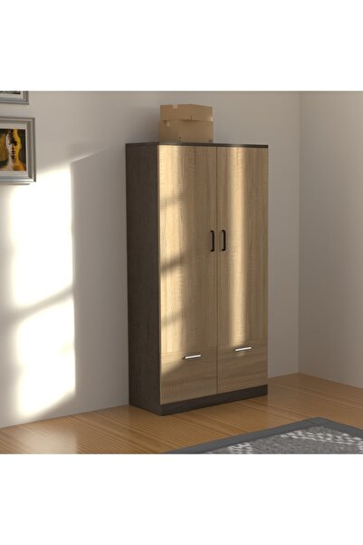 Mahmayi Wooden Wardrobe With 2 Doors Drawers Rod Compartments-Dark Grey Chicago Concrete/Grey Bardolino Oak