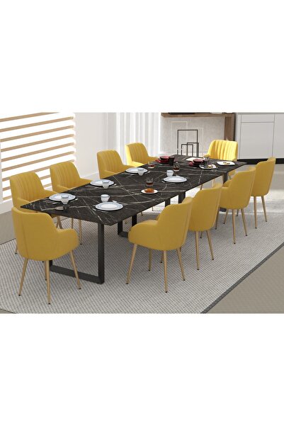 Mahmayi 136 BLK Wooden Dining Table Loop-Leg, 10-Seater for Kitchen-360cm, Anthracite Metal Rocks