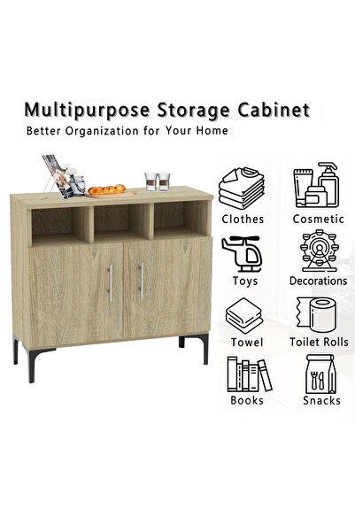 Mahmayi Medium Height Cabinet with 2 Door Storage and 3 Open Shelf-Grey Bardolino Oak