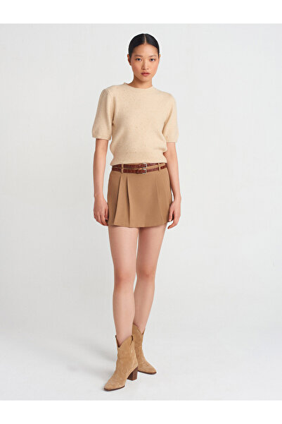 Dilvin 10703 Bézs Crew Neck flitteres csillogó kötöttáru pulóver