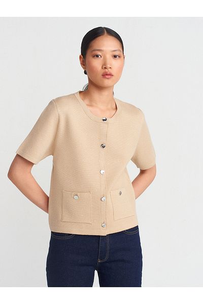 Dilvin 60920 Model - Light Beige Crew Neck Sequin Knitwear Cardigan