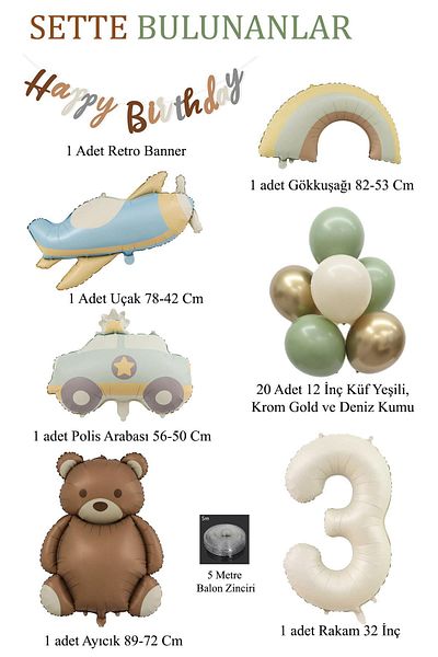 Patladı Gitti 3 Years Birthday Set - Airplane, Car, Rainbow, Teddy Bear and 20 Latex Balloons