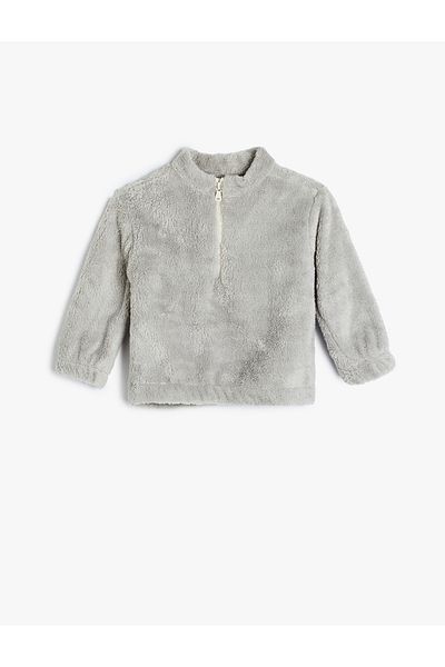 Koton Stand Collar Long Sleeve Zippered Basic Plush Sweatshirt