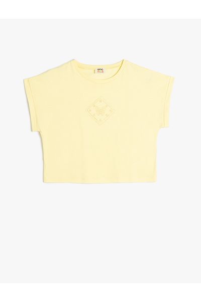 Koton Cotton Short Sleeve T-Shirt - Butterfly Embroidered, Crew Neck