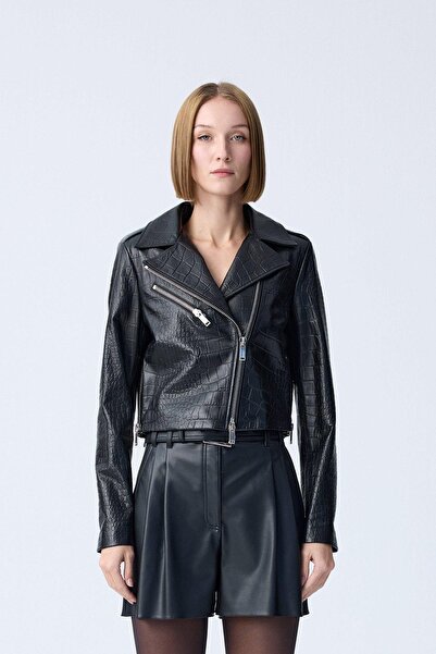 rue Black Leather Jacket with Metal Zipper Detail