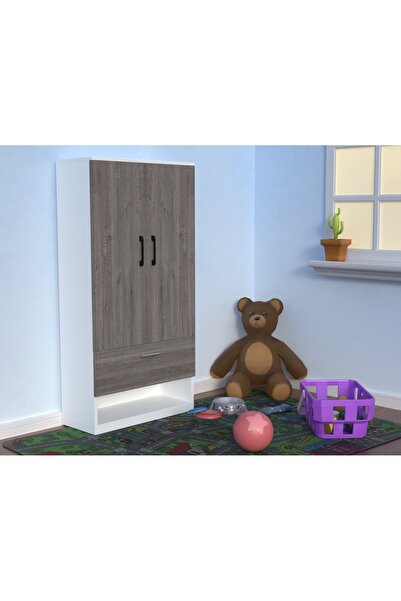 Mahmayi Wooden Wardrobe With 2 Door Open Rack, Rod And Compartments-Grey Brown White River Oak/Premium White