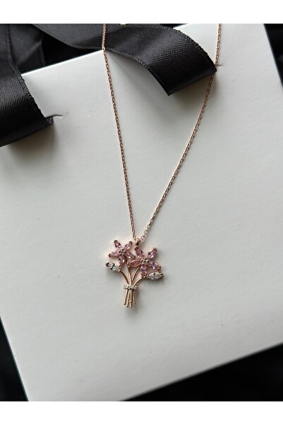 Işıltı Silver 925 Gümüş| Rose Kaplama Pembe Kuvars Buket Kolye