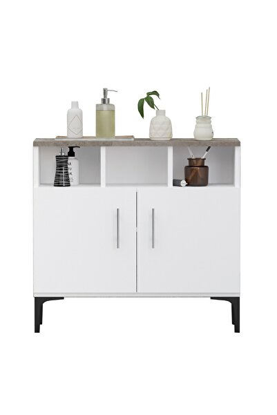 Mahmayi Cabinet with 2 Door Storage and 3 Open Shelf-Dark Grey Chicago Concrete and Premium White