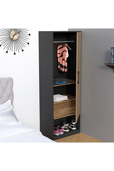Mahmayi Modern Wardrobe With Bottom Superior Space, Cabinet With Hangers - Dark Hunton Oak/Lava Grey