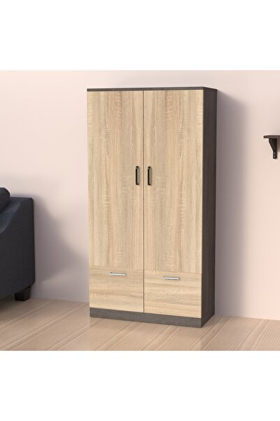 Mahmayi Wooden Wardrobe With 2 Doors Drawers Rod Compartments-Dark Grey Chicago Concrete/Grey Bardolino Oak