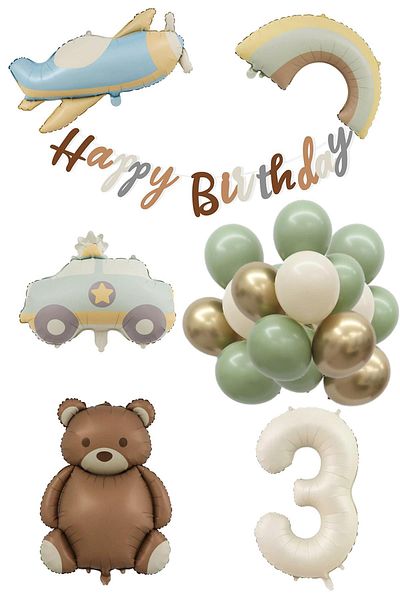 Patladı Gitti 3 Years Birthday Set - Airplane, Car, Rainbow, Teddy Bear and 20 Latex Balloons