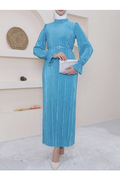 Modamorfo Pleated Satin Dress with Elastic Sleeves, Ruffles, Stones and Belts