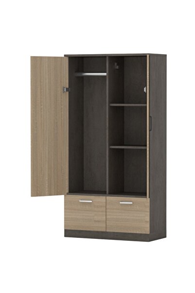 Mahmayi Wooden Wardrobe With 2 Doors Drawers Rod Compartments-Dark Grey Chicago Concrete/Grey Bardolino Oak