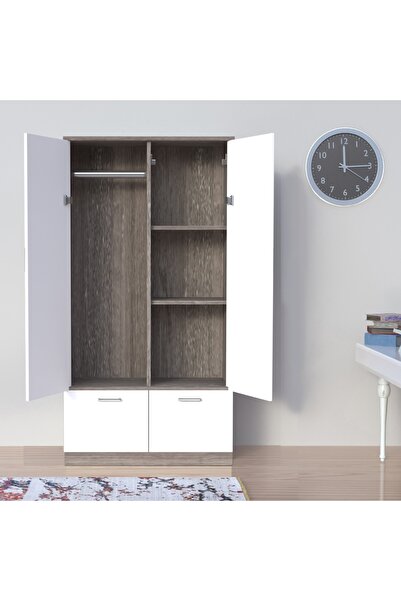 Mahmayi Wooden Wardrobe With 2 Doors, Drawers, Rod And Compartments-Grey Brown White River Oak/Premium White