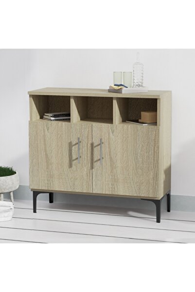 Mahmayi Medium Height Cabinet with 2 Door Storage and 3 Open Shelf-Grey Bardolino Oak