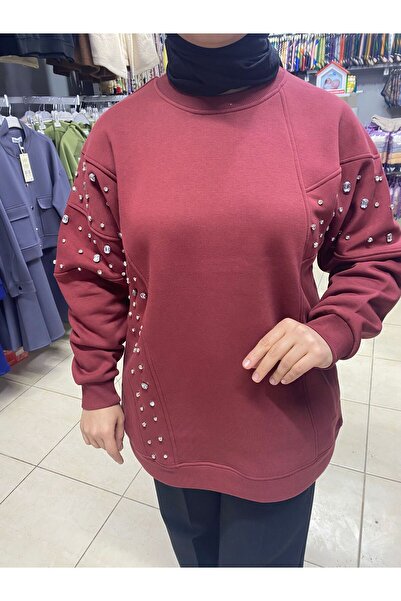 MY CİTY YASEMEN KADIN ÜÇ İPLİK ŞARDONLU TAŞ İŞLEMELİ DETAYLI SWEAT TUNİK