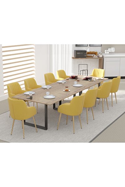 Mahmayi 136 BLK Wooden Dining Table Loop-Leg, 10-Seater for Kitchen-360cm, Tobacco Halifax Oak