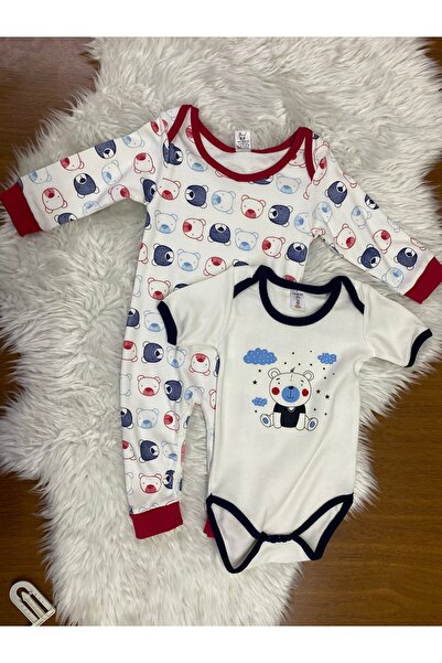 skycott 2li %100 pamuklu bebek tulum zıbın seti ayıcık desen
