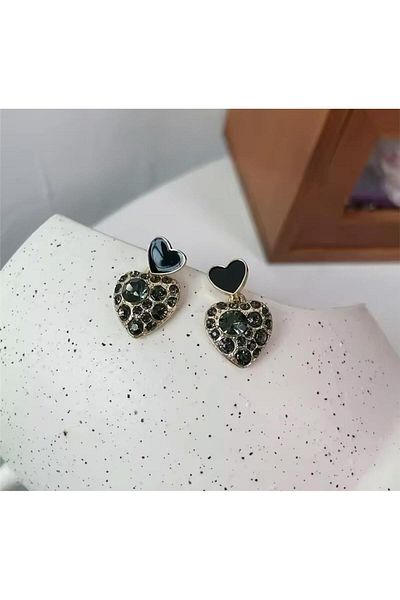 Pelin Aksesuar Black Jewelled Heart Earrings