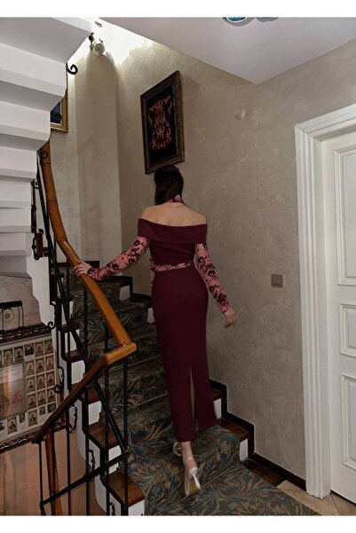 LOCH BUTİK KADIN BORDO MADONNA YAKA DANTEL DETAYLI KUŞAKLI MİDİ ELBİSE