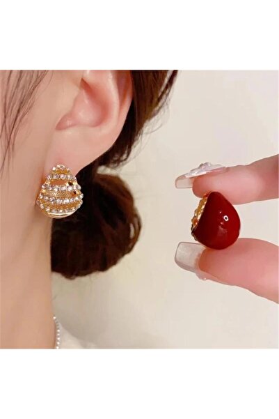 Pelin Aksesuar Bordo Taşlı Çift Taraflı Halka Küpe