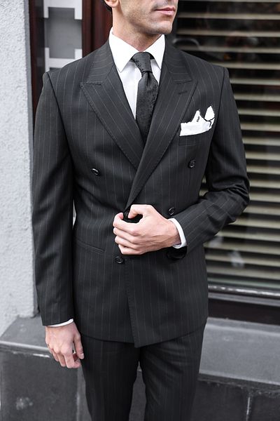 AEK FIORE Men's Black Striped Double Breasted Suit
