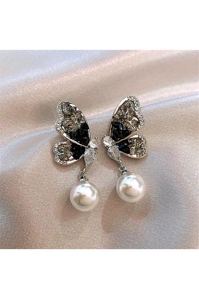 Pelin Aksesuar Black Stone Pearl Butterfly Earrings