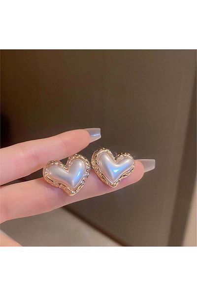 Pelin Aksesuar White Pearl Steel Heart Earrings
