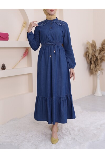 Modamorfo Dlouhé džínové šaty s perlami na ramenou a elastickým pasem