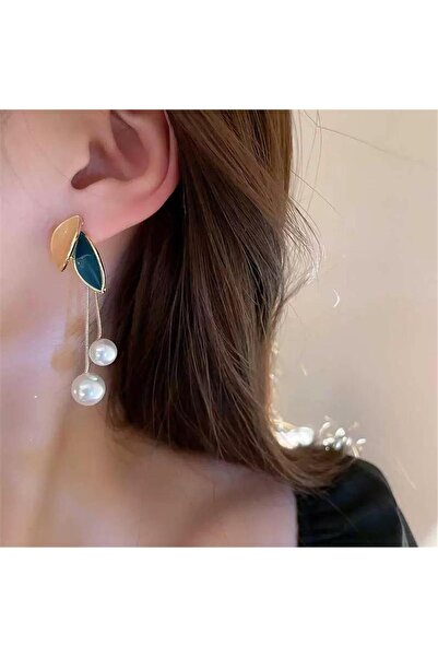 Pelin Aksesuar Yeşil Bej İnci Sallantılı Yaprak Küpe